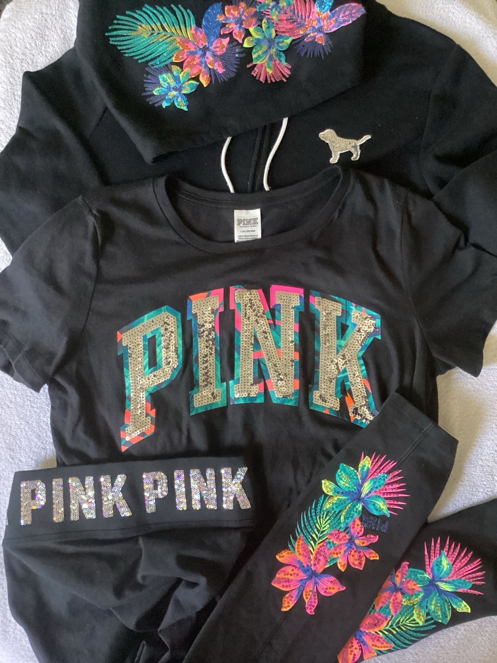 Victoria’s Secret PINK BLING Tropical Hibiscus Flower Hoodie Shirt Leggings